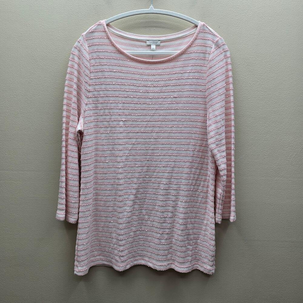Talbots Tunic Top SZ Large Long Sleeve Sequin Striped Round Neck Pink White NWT